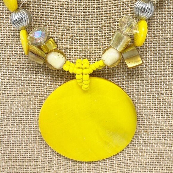 Large Yellow Disk Pendant on Yellow Beaded Necklace - Picture 4 of 6
